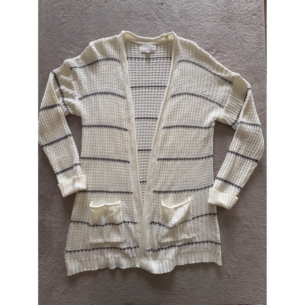 Pinque Design Studio Womens XL Striped Open Knit Cardigan Cream Grey